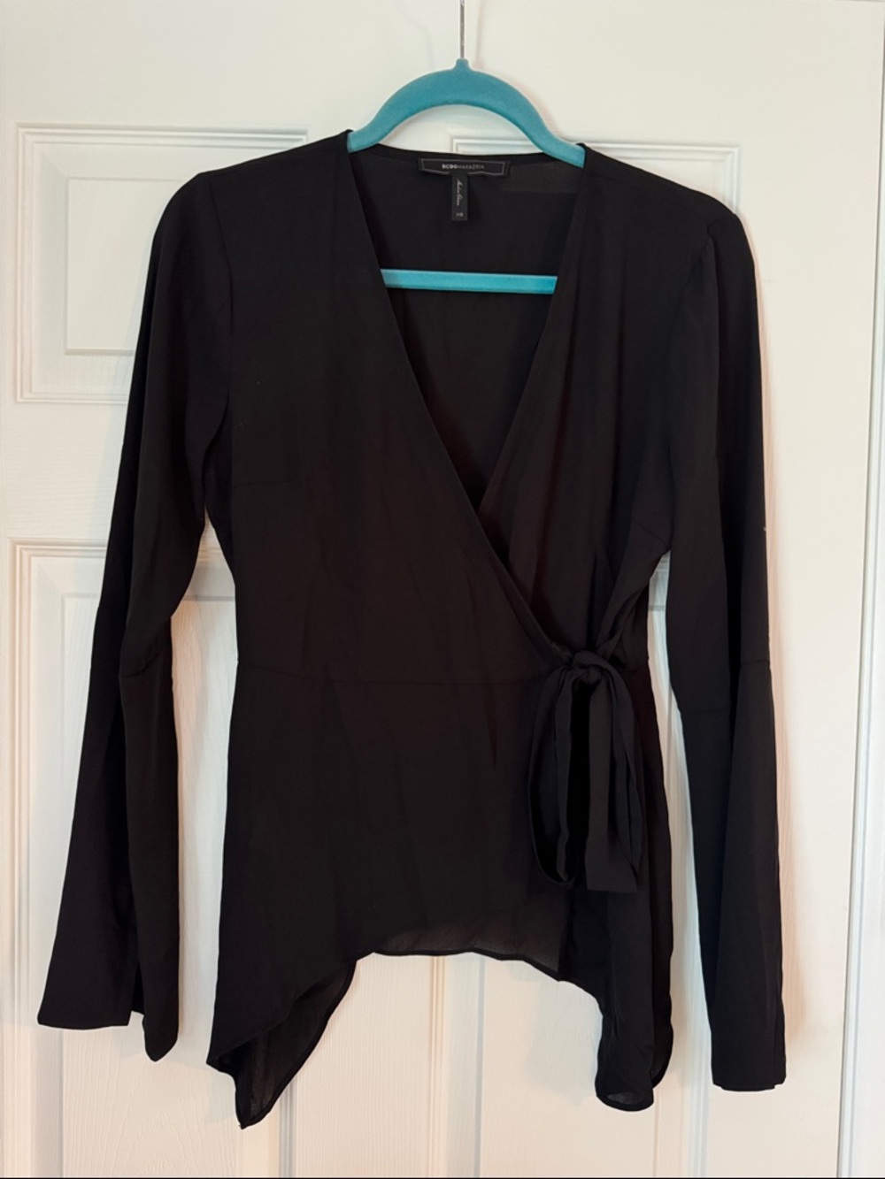 BCBGMaxAzria Black Long-Sleeve Wrap Blouse with Side Tie